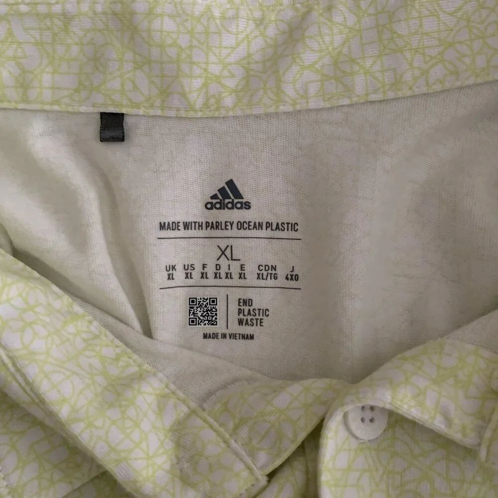 Adidas Polo Shirt Mens XL White Neon Green Geometric Parley Ocean Plastic